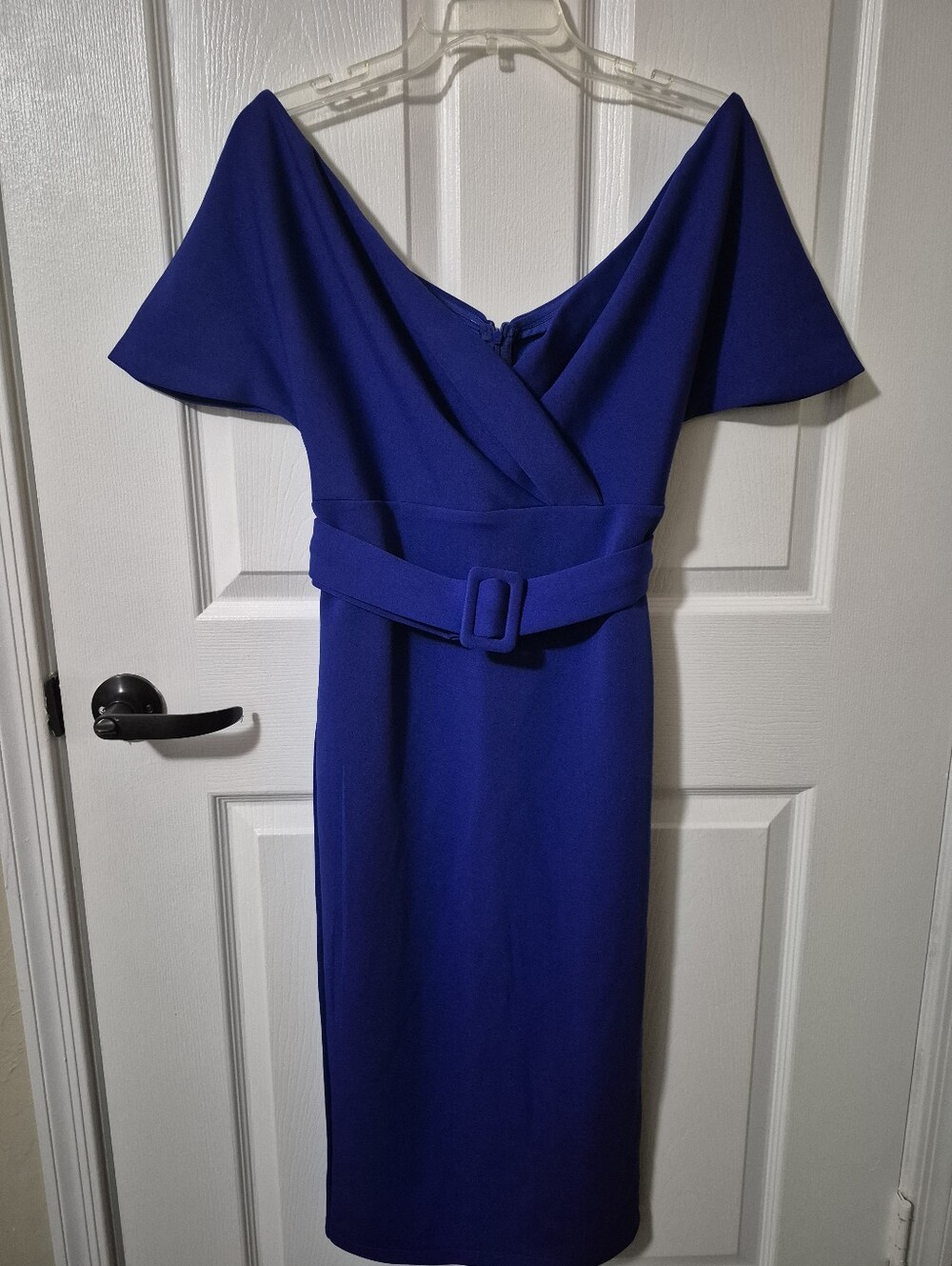 Elegant Royal Blue Off-Shoulder Belted Sheath Dress. Brand New, No Tags.